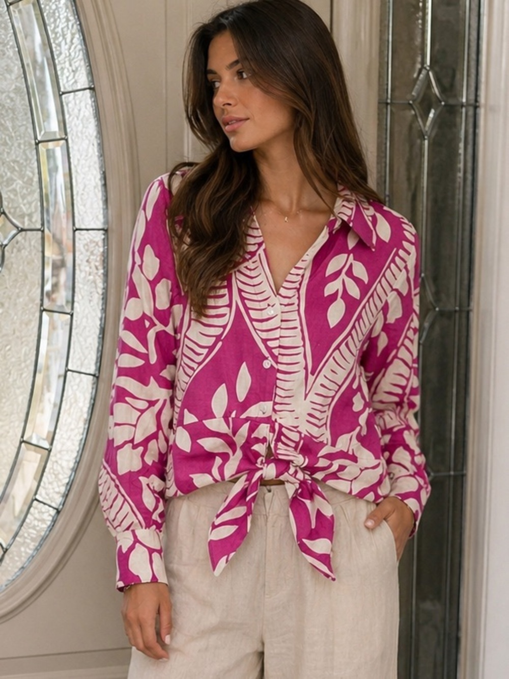 Christian Siriano New York Size Large Linen Blend Tropical Print Tie-Front Top